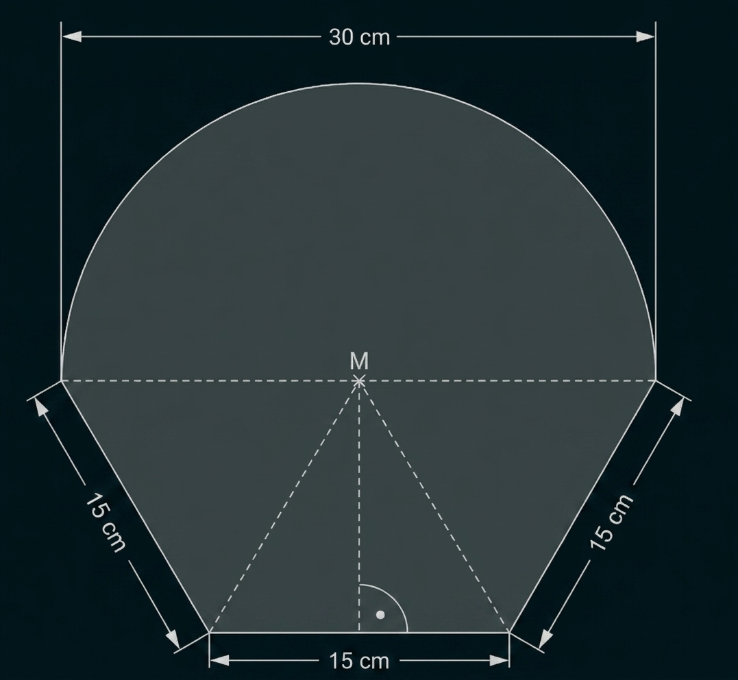 Geometrische Figur mit Maßangaben in cm und gestrichelten Hilfslinien.